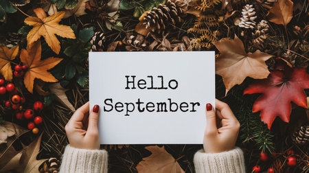 Hello september. Top view of woman holding card with hello september lettering on autumn leaves backgroundの素材
