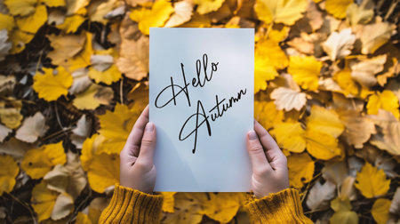 cropped view of woman holding card with thank you lettering on autumn leavesの素材