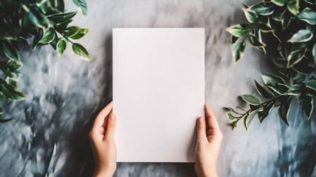 Female hands holding blank white paper sheet with copy space for text.の素材
