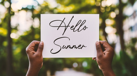 Closeup of hands holding paper with Hello Summer text on blurred backgroundの素材