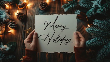 Merry Christmas lettering. Woman's hands holding a card with the text Merry Christmas.の素材