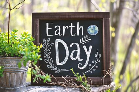 Earth Day lettering on chalkboard in the green forest background.の素材