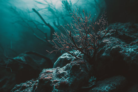 Foggy landscape with dead coral on a rock in the forestの素材