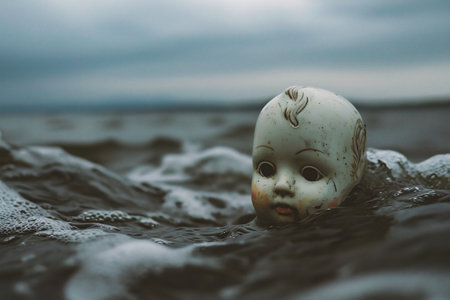 Scary doll on the beach in the evening. Halloween concept.の素材