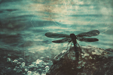 Dragonfly on a stone in the water. Photo in retro style.の素材