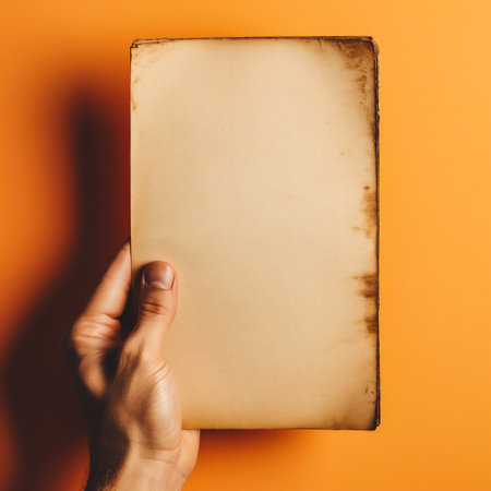 top view of man holding old book on orange background with copy spaceの素材