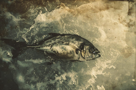 Fish in the ice. Vintage style toned picture. Toned.の素材