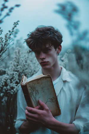 Portrait of young man with book in the field. Vintage style.の素材