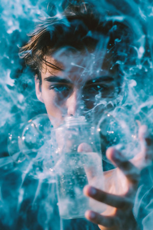 Portrait of a young man in a smoke. The guy is drinking water from a plastic bottle.の素材