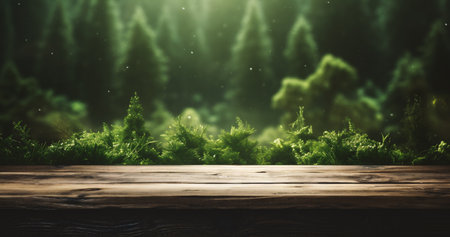 Wooden table against view of coniferous forest in the eveningの素材