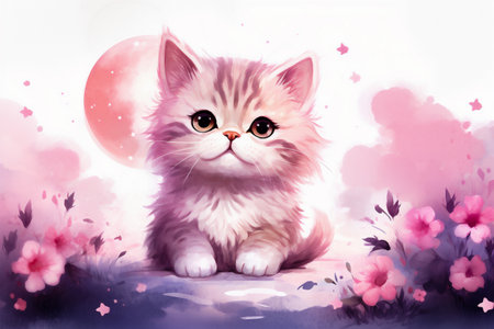 Cute kitten with pink flowers and moon. Watercolor painting.の素材