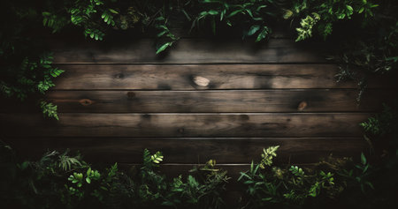 Wooden background with green plants and space for text or image.の素材