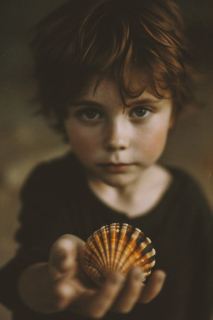 Portrait of a little boy with a seashell in his handの素材
