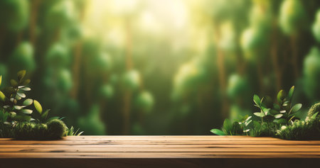 Wood table top on blur green forest background with bokeh lightの素材