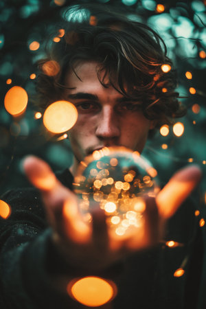 Young man holding a garland in his hands. Christmas and New Year concept.の素材