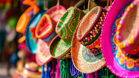 Colorful Mexican hats at the marketの素材