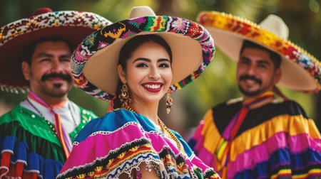 Mexican man and woman wearing traditional mexican sombreroの素材