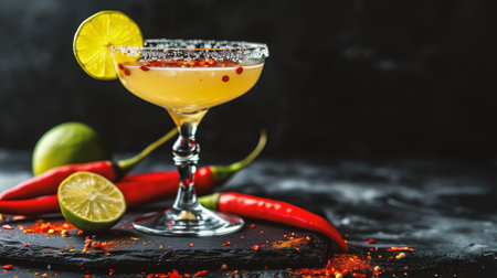Classic margarita cocktail with chili pepper and lime on black backgroundの素材