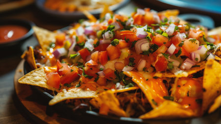 Mexican nachos with salsa and guacamole, close upの素材