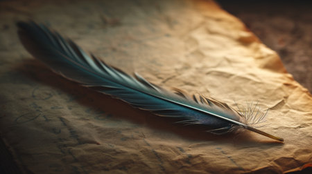 Feather on old paper. Retro style toned photo with selective focusの素材