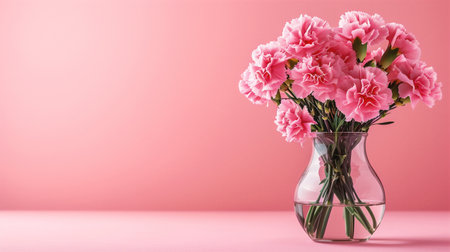 Bouquet of pink carnation flowers in vase on pink backgroundの素材