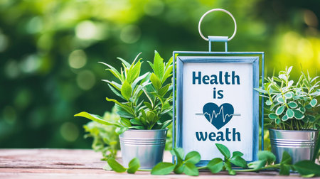 Health is Wealth written on a signboard with green plant in the backgroundの素材