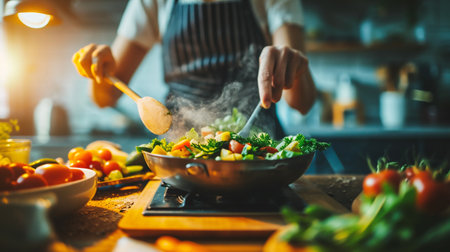 Close up of woman cooking salad in the kitchen. Healthy food concept.の素材