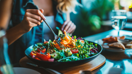 Closeup of woman eating salad in restaurant. Healthy food concept.の素材