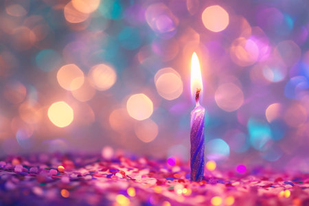 Birthday candle with colorful bokeh background, shallow depth of fieldの素材