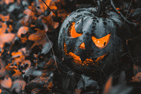 Halloween pumpkin head jack lantern glowing in the dark forest. Spooky Halloween concept.の素材