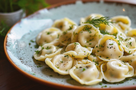 Ravioli with dill and parsley on a plateの素材