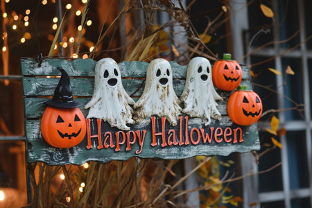 Halloween decorations with pumpkins and ghosts on a wooden board.の素材