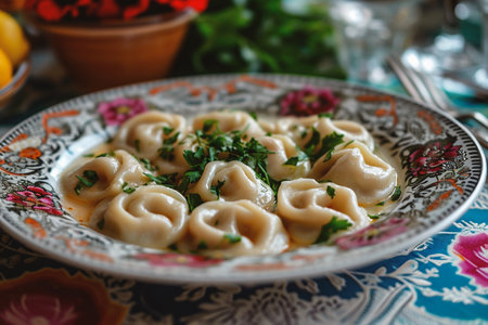 Russian dumplings - pelmeni with sour cream and parsleyの素材