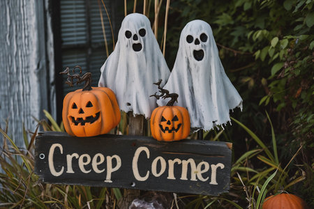 Halloween decoration with pumpkins, ghosts and scarecrow in the gardenの素材