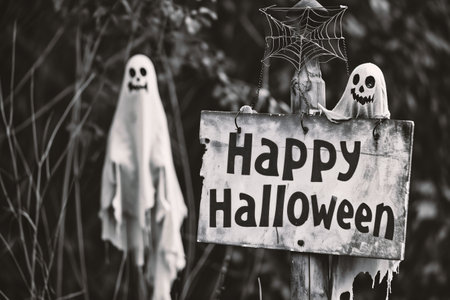 Halloween sign with ghost and spider web on the background. Black and white.の素材