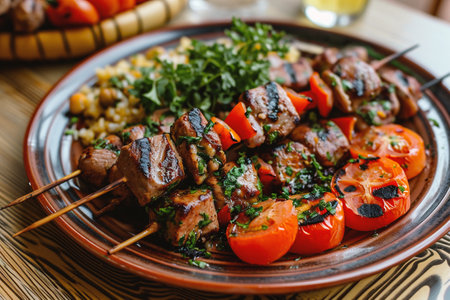 Grilled meat kebab with bulgur and cherry tomatoes.の素材
