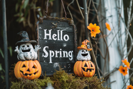 Halloween pumpkins in front of a shop sign with the word Hello Springの素材
