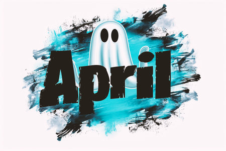 Illustration of a ghost on a watercolor background with an inscription Aprilの素材