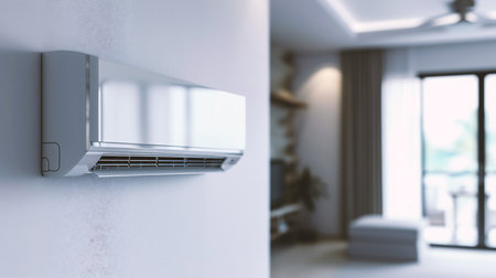 Modern air conditioner on white wall in room.の素材