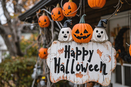 Halloween decoration with pumpkins and text Happy Halloween on wooden signの素材