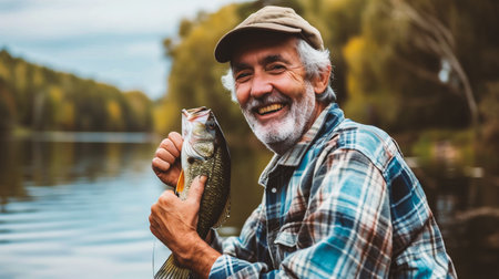 Happy fisherman holding a big fish in his hand and smiling while fishing on the lakeの素材