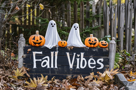Halloween decoration with pumpkins and a black sign with the text Fall vibesの素材