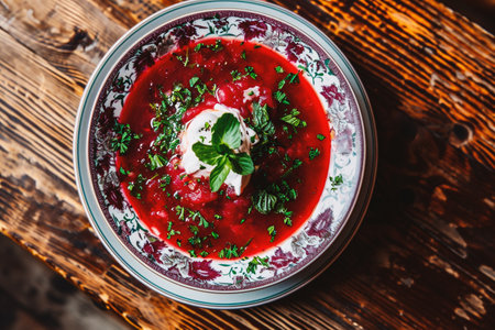 Borscht with sour cream and herbs on a wooden background.の素材