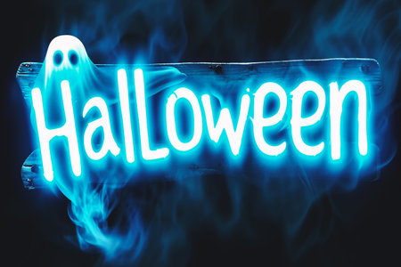 Halloween text in glowing neon signboard with ghost on dark blue backgroundの素材