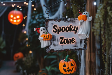 Halloween pumpkins and ghosts on wooden signboard with text Happy Halloweenの素材