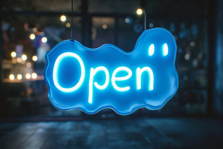 Neon sign open on the door of a coffee shop at nightの素材