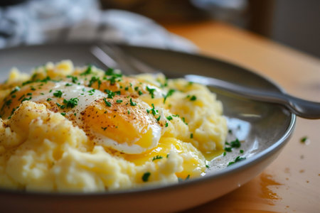 Scrambled eggs with butter and parsley on a plate.の素材