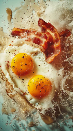 Fried eggs with bacon in water splash. Toned image.の素材