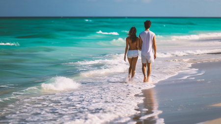 Couple walking on the beachの素材