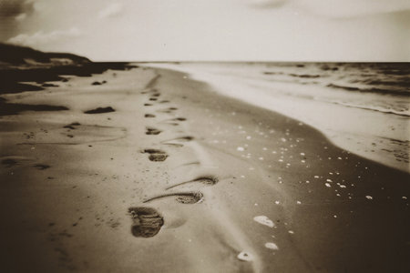 Black and white photo of footprints at the beach. Toned.の素材